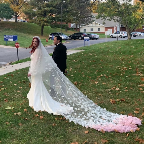 Custom cathedral veil with blush ombre 3D petals main image 10